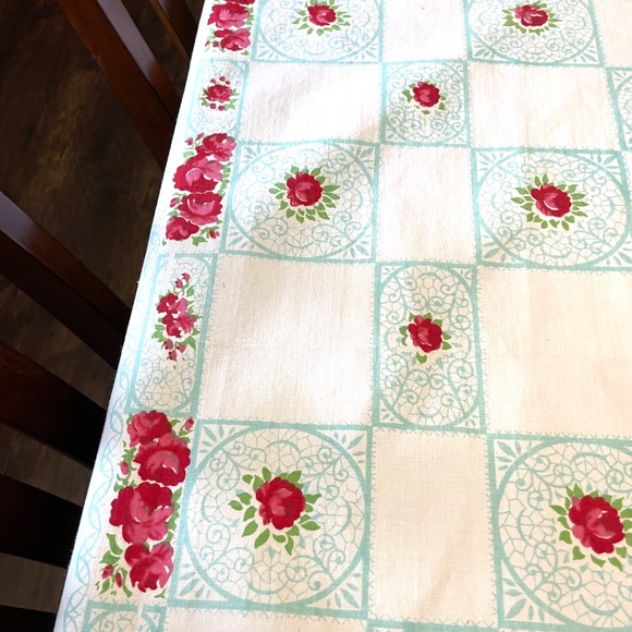 Vintage Aqua Red Printed Floral Cotton Tablecloth Six Napkins Set READ PLEASE - Picture 8 of 15